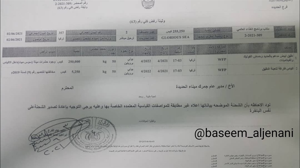 منظمة الغذاء تحاول إدخال شحنة غذاء فاسدة ومنتهية الصلاحية