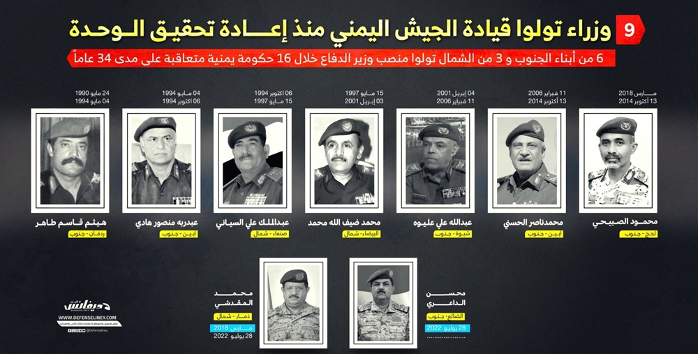 من هيثم قاسم إلى محسن الداعري... رحلة وزراء الدفاع اليمنيين في قلب السياسة والحرب